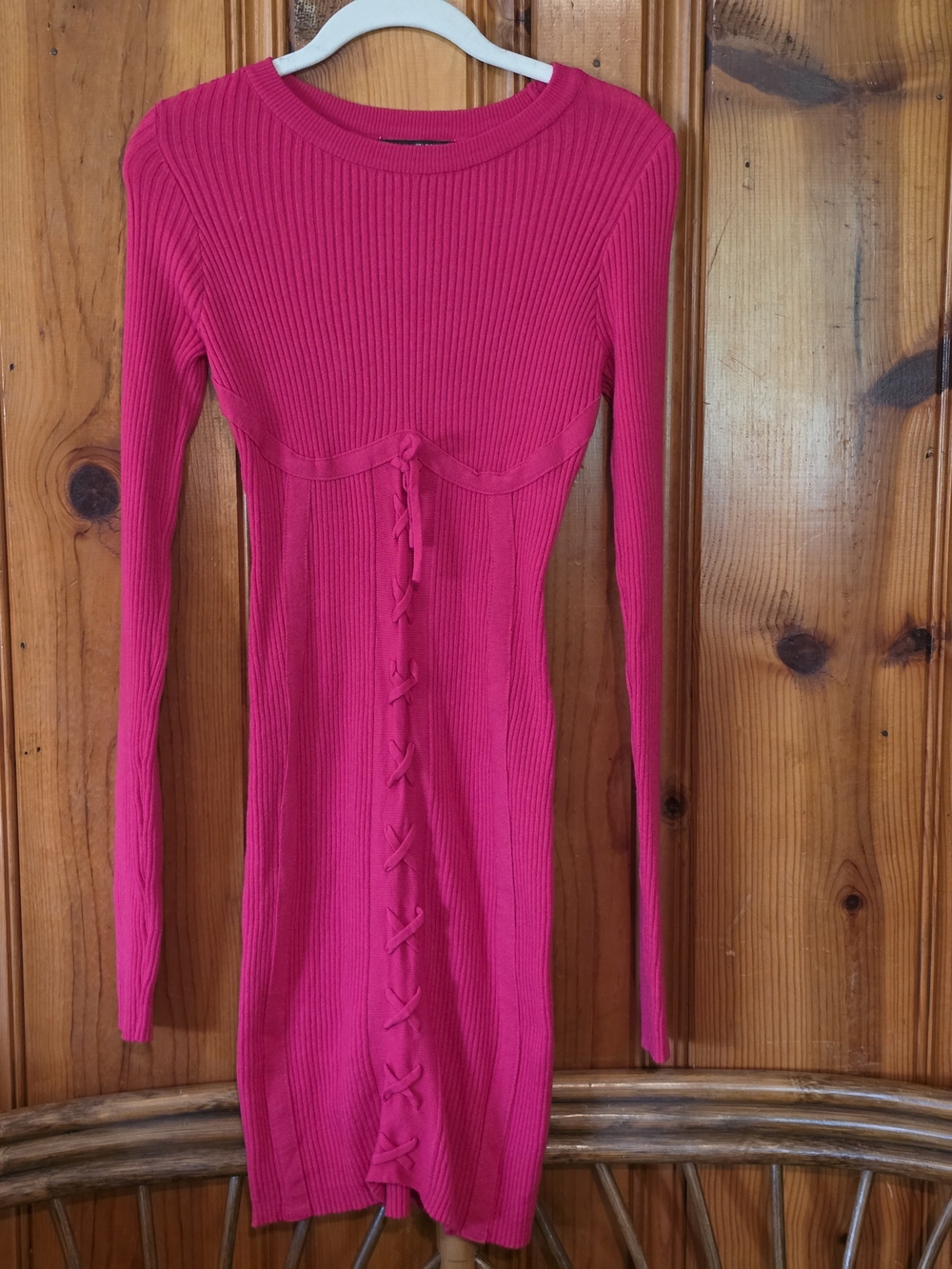 SHEIN Hot Pink Ribbed Long-Sleeve Midi Dress with Front Lace-Up